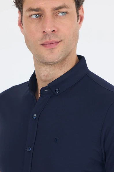 Koyu Lacivert italyan Düğmeli Yaka Kısa Kol Cepsiz Slim Fit Gömlek 1004250255 - Resim 4