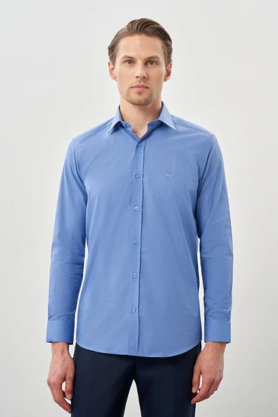 Mavi Uzun Kol Filafil Sert Yaka  Slim Fit Dar Kesim Basic Gömlek 1004210008 ürün görseli