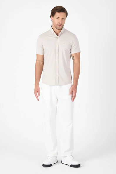 Gri Kısa Kol Düğmeli Yaka Cepsiz Performans Ürün Slim Fit  Gömlek 1004250256 - Resim 4