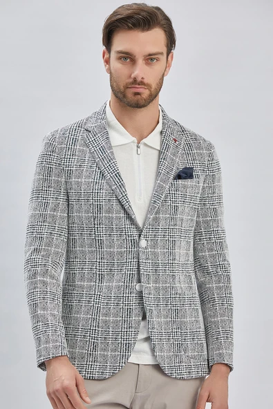 Koyu Lacivert Mono Yaka Ekose Desen 2 Düğmeli 6 Drop Slim Fit Ceket 1002240158 - 2