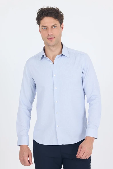 Koyu Lacivert Uzun Kol Sert Yaka Cepsiz  Slim Fit Pamuklu Gömlek 1004250225 - Resim 3