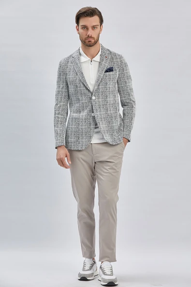 Koyu Lacivert Mono Yaka Ekose Desen 2 Düğmeli 6 Drop Slim Fit Ceket 1002240158