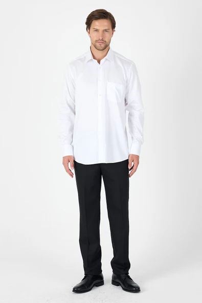 Beyaz Sert Yaka Düz Classic %100 Pamuk Comfort Fit Gömlek 1004250323 - Resim 2