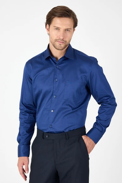 Lacivert Sert Yaka Düz Classic %100 Pamuk Comfort Fit Gömlek 1004250323 - Resim 5