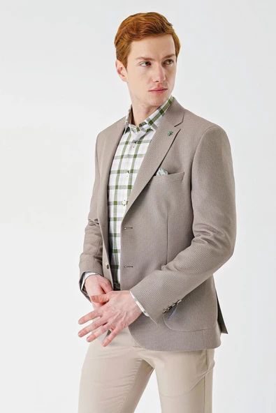 Bej Örme Mono Yaka Çift Yırtmaç Likralı 6 Drop Slim Fit Dar Kesim Klasik Ceket 1002240138 ürün görseli