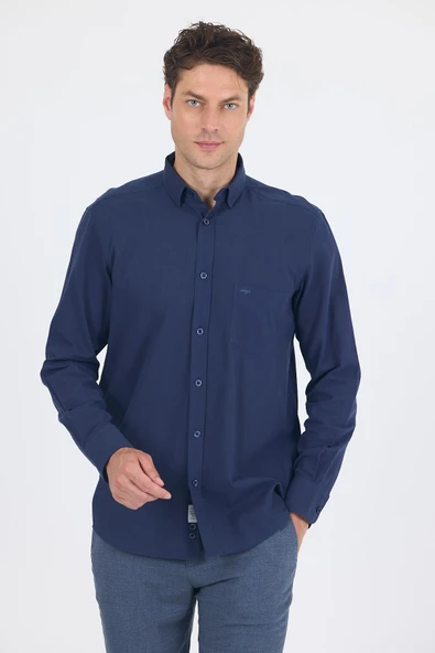 Lacivert Uzun Kol Düz Armür Oval Yaka Casual Comfort Fit Gömlek 1004250249