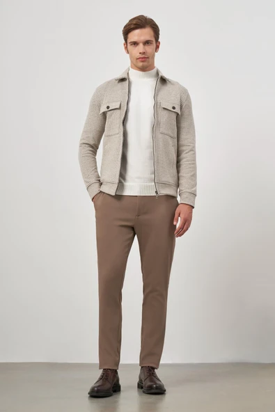 Bej Örme Bebe Yaka Kendinden Desenli Yırtmaçsız Astarsız Slim Fit Classic Mont 1007245158 - Resim 2