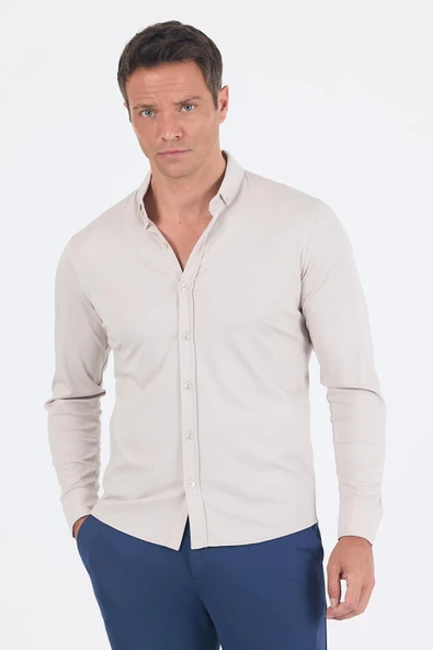 Taş Rengi İtalyan Düğmeli Yaka UzunKol Cepsiz Slim Fit Gömlek 1004250254 ürün görseli