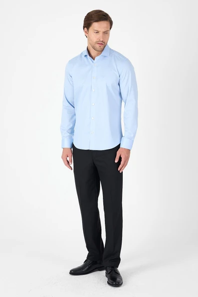 Koyu Mavi Uzun Kol Yarım İtalyan Yaka Cepsiz Non Iron Slim Fit Pamuklu Gömlek 1004250267 - Resim 2