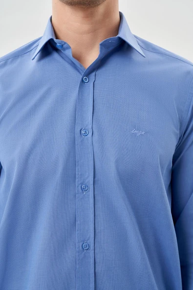 Mavi Uzun Kol Filafil Sert Yaka  Slim Fit Dar Kesim Basic Gömlek 1004210008 - Resim 4