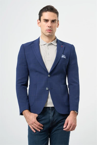 Koyu Lacivert Kareli Mono Yaka Likralı 6 Drop Ekstra Slim Fit Casual Ceket 1002240156 ürün görseli