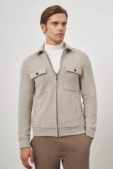 Bej Örme Bebe Yaka Kendinden Desenli Yırtmaçsız Astarsız Slim Fit Classic Mont 1007245158 ürün görseli