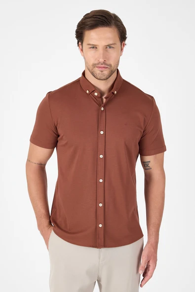Kiremit Kısa Kol Düğmeli Yaka Cepsiz Performans Ürün Slim Fit  Gömlek 1004250256 ürün görseli