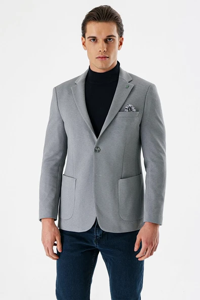 Gri Desenli Mono Yaka Astarlı Çift Yırtmaç 6 Drop Slim Fit Dar Kesim Klasik Ceket 1002240150 ürün görseli
