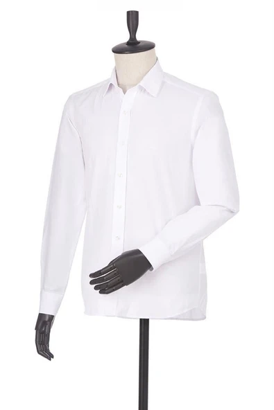 Beyaz Uzun Kollu Filafil Desen Filafil Sert Yaka Cepsiz Pamuklu Basic Slim Gömlek 1004230008 - Resim 2