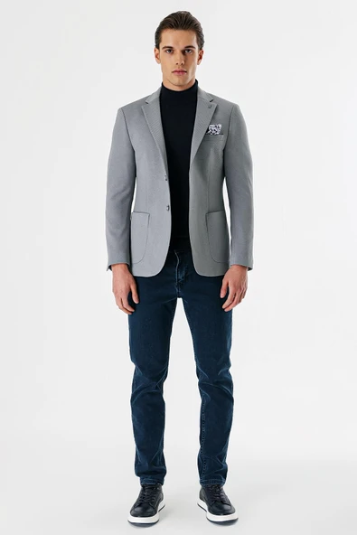 Gri Desenli Mono Yaka Astarlı Çift Yırtmaç 6 Drop Slim Fit Dar Kesim Klasik Ceket 1002240150 - Resim 2