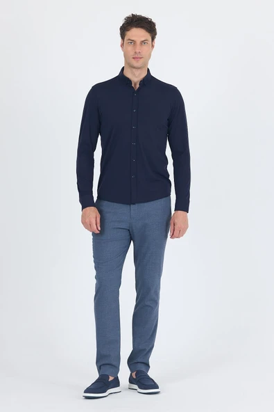 Koyu Lacivert İtalyan Düğmeli Yaka UzunKol Cepsiz Slim Fit Gömlek 1004250254 - Resim 2