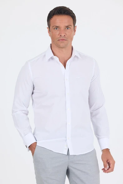 Beyaz Uzun Kol Düz Sert Yaka Cepsiz Pamuklu Basic Slim Fit Gömlek 1004250059_600 ürün görseli