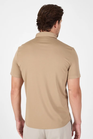 Koyu Bej Kısa Kol Düğmeli Yaka Cepsiz Performans Ürün Slim Fit  Gömlek 1004250256 - Resim 5