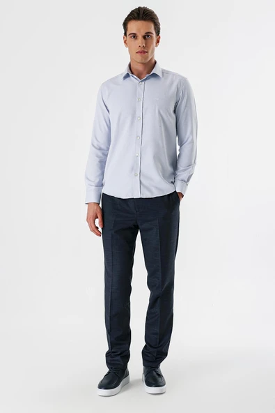 Koyu Lacivert Uzun Kollu Armürlü Cepsiz Pamuklu Slim Fit Gömlek 1004235171 - Resim 3