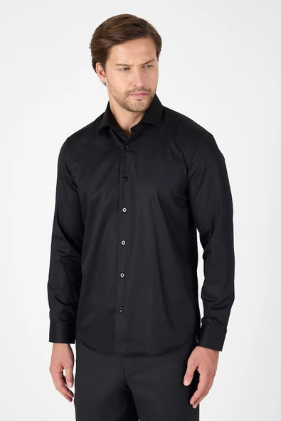 Siyah Uzun Kol Yarım İtalyan Yaka Cepsiz Non Iron Slim Fit Pamuklu Gömlek 1004250267 ürün görseli