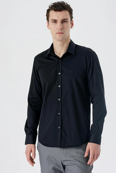 Siyah Uzun Kollu   Sert Yaka Cepsiz  %100 Pamuk Klasik Slim Fit Dar Kesim Gömlek 1004235424 ürün görseli
