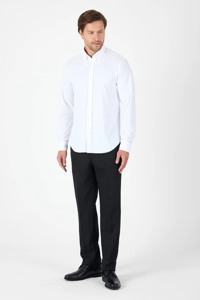 Beyaz Uzun Kol Düğmeli Yaka Cepsiz Performans Ürün Slim Fit  Gömlek 1004250270 - Resim 4