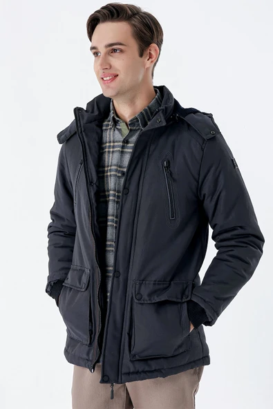 Koyu Antrasit Kapüşonlu Pamuklu Astarlı Comfort Fit Rahat Kesim Casual Kaban 1008235169 - Resim 3