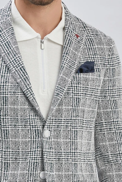 Koyu Lacivert Mono Yaka Ekose Desen 2 Düğmeli 6 Drop Slim Fit Ceket 1002240158 - 6