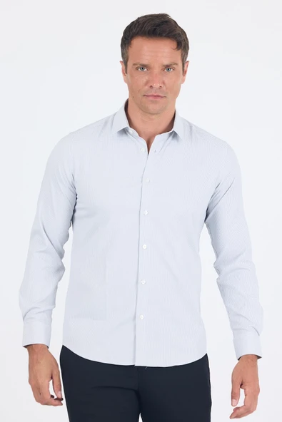 Beyaz Uzun Kol Sert Yaka Cepsiz Easy To Iron Slim Fit Esnek Gömlek 1004250233 - Resim 3