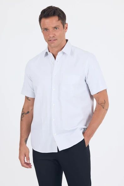 Beyaz-Mavi Sert  Yaka Kısa Kol Cepli  Comfort Fit Cls Gömlek 1004250260 ürün görseli