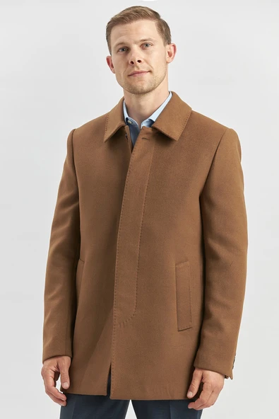 Taba Kaşe Bebe Yaka Kapitoneli Astar Comfort Fit Rahat Kesim Klasik Kaban 1008245161