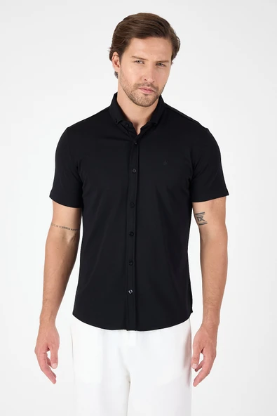 Siyah Kısa Kol Düğmeli Yaka Cepsiz Performans Ürün Slim Fit  Gömlek 1004250256 ürün görseli