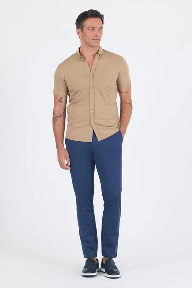 Koyu Bej italyan Düğmeli Yaka Kısa Kol Cepsiz Slim Fit Gömlek 1004250255 - Resim 2