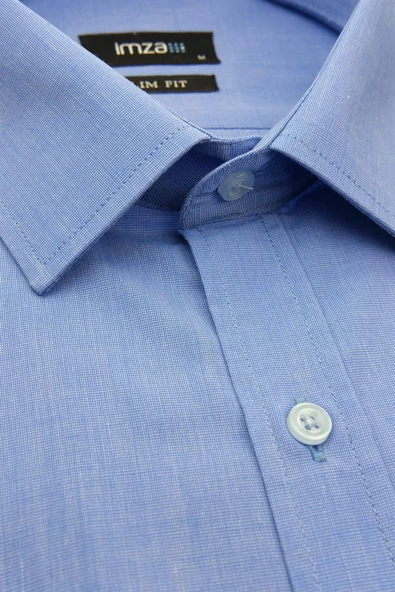 Mavi Uzun Kol Filafil Sert Yaka  Slim Fit Dar Kesim Basic Gömlek 1004210008 - Resim 3