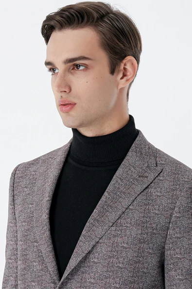 Koyu Kahverengi Ekoseli Örme Kırlangıç Yaka Çift Yırtmaç 6 Drop Slim Fit Klasik Ceket 1002235110 - Resim 4