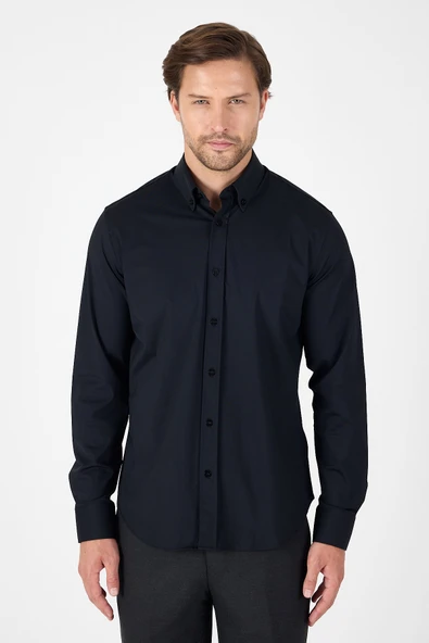 Siyah Uzun Kol Düğmeli Yaka Cepsiz Performans Ürün Slim Fit  Gömlek 1004250270 ürün görseli 1