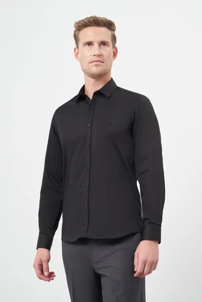 Siyah Uzun Kol Düz Bez Ayağı 032 Sert Yaka Classic Slim Fit Gömlek 1004245324 - Resim 3