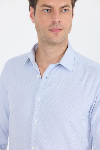 Koyu Lacivert Uzun Kol Sert Yaka Cepsiz  Slim Fit Pamuklu Gömlek 1004250225 - Resim 4