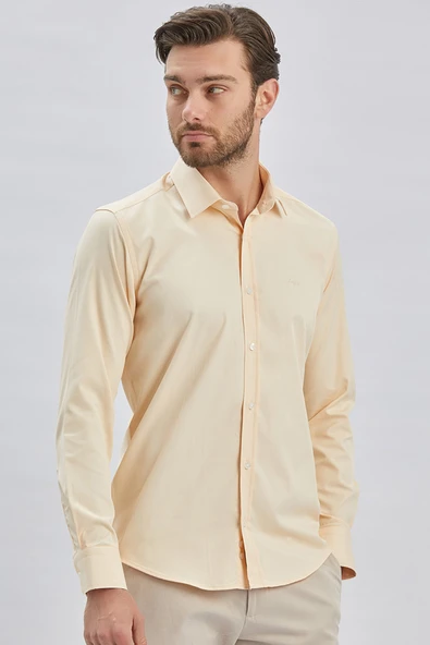 Açık Bej Uzun Kollu Sert Yaka Cepsiz Pamuklu Likralı Klasik Slim Fit Dar Kesim Gömlek 1004240234 ürün görseli