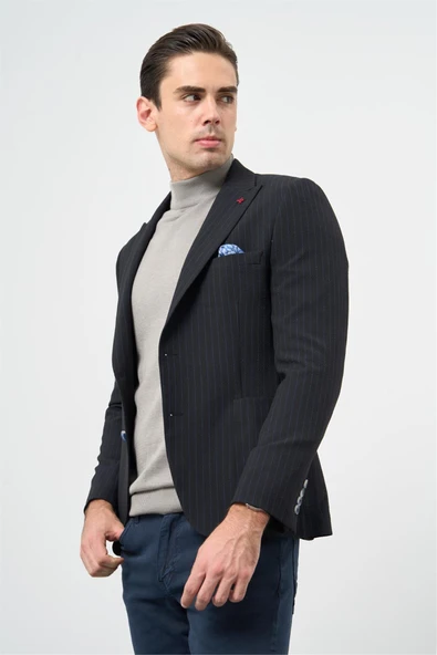 Koyu Lacivert Gofreli Kırlangıç Yaka Likralı 6 Drop Slim Fit Klasik Ceket 1002240111 - Resim 7