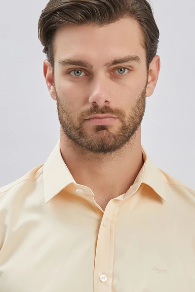 Açık Bej Uzun Kollu Sert Yaka Cepsiz Pamuklu Likralı Klasik Slim Fit Dar Kesim Gömlek 1004240234 - Resim 6