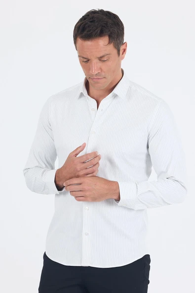 Beyaz Uzun Kol Sert Yaka Cepsiz Easy To Iron Slim Fit Esnek Gömlek 1004250230 - Resim 3