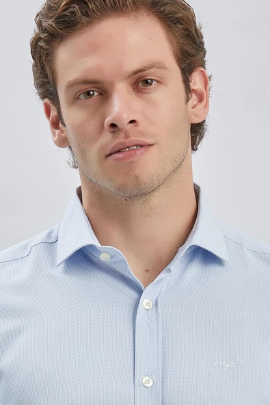 Mavi Uzun Kol Kendinden Desenli Armürlü Yarım İtalyan Yaka Classic Slim Fit Gömlek 1004240250 - Resim 3