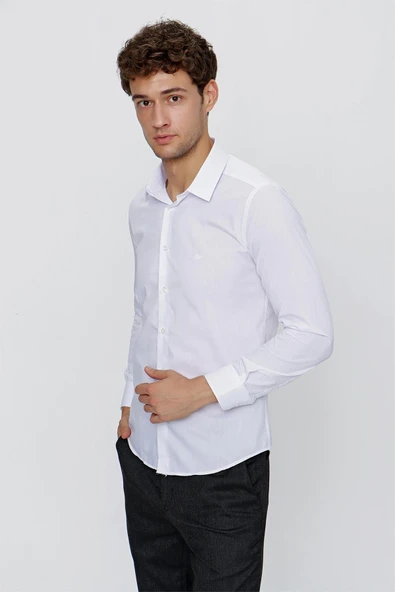 Beyaz Uzun Kol Düz Bez Ayağı Sert Yaka Cepsiz Pamuklu Basic Slim Fit Gömlek 1004250057_600 - Resim 3
