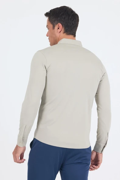 Gri İtalyan Düğmeli Yaka UzunKol Cepsiz Slim Fit Gömlek 1004250254 - Resim 5