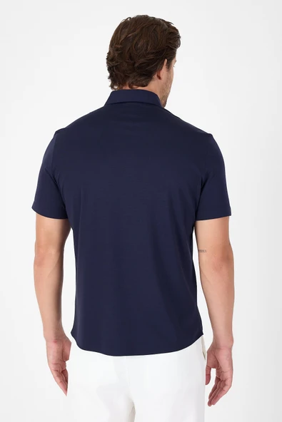 Koyu Lacivert Kısa Kol Düğmeli Yaka Cepsiz Performans Ürün Slim Fit  Gömlek 1004250256 - Resim 5