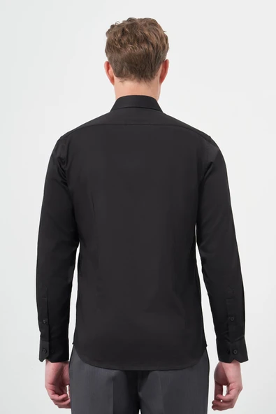 Siyah Uzun Kol Düz Bez Ayağı 032 Sert Yaka Classic Slim Fit Gömlek 1004245324 - Resim 5