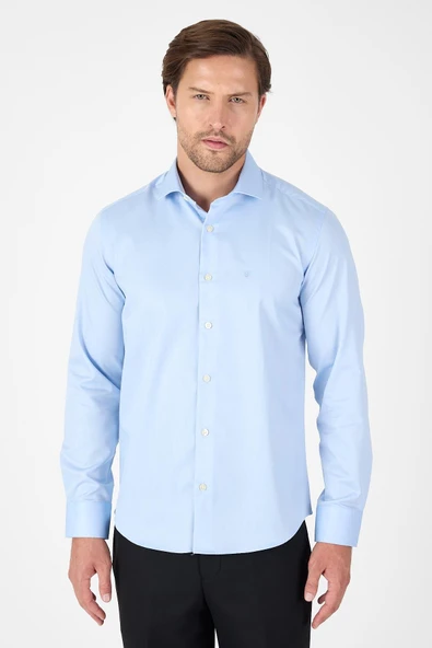 Koyu Mavi Uzun Kol Yarım İtalyan Yaka Cepsiz Non Iron Slim Fit Pamuklu Gömlek 1004250267 ürün görseli