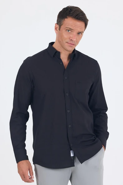 Siyah Uzun Kol Düz Armür Oval Yaka Casual Comfort Fit Gömlek 1004250249 ürün görseli
